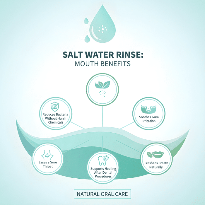 Infographic showing benefits of a saltwater mouth rinse